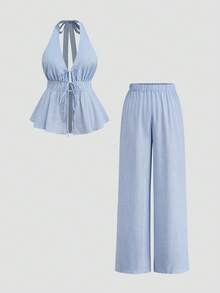 Sweetra Bộ đồ nữ 2 món: Áo hai dây hở lưng in họa tiết kẻ sọc và quần ống rộng có dây rút, kiểu dáng thường ngày. - Xanh và trắng - Xem 1