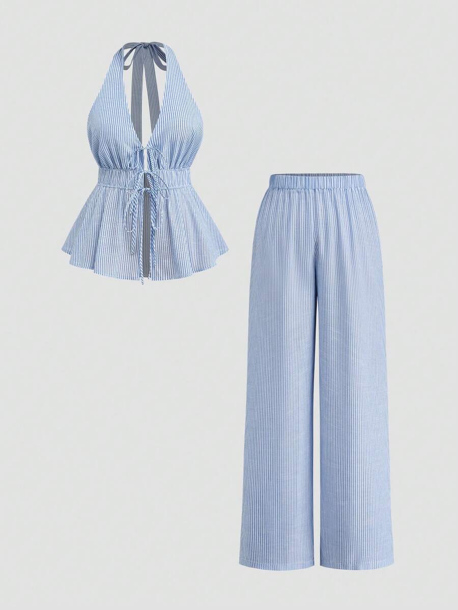 Sweetra Bộ đồ nữ 2 món: Áo hai dây hở lưng in họa tiết kẻ sọc và quần ống rộng có dây rút, kiểu dáng thường ngày. - Xanh và trắng - Xem 1