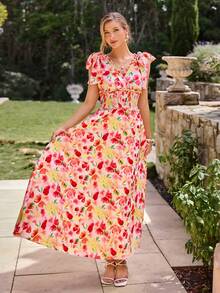 KARISMINA V-Ausschnitt Rüschen Saum bedrucktes Kleid für Frauen, geeignet für Frühlings-/Sommerurlaub - Verschiedenfarbig - Übersicht 4