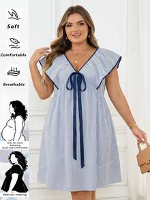 SHEIN CURVE+ Curve 尺码 US22 音乐节、海滨度假、波西米亚风夏季休闲系带条纹荷叶边连衣裙 - 藍色 - 查看 2