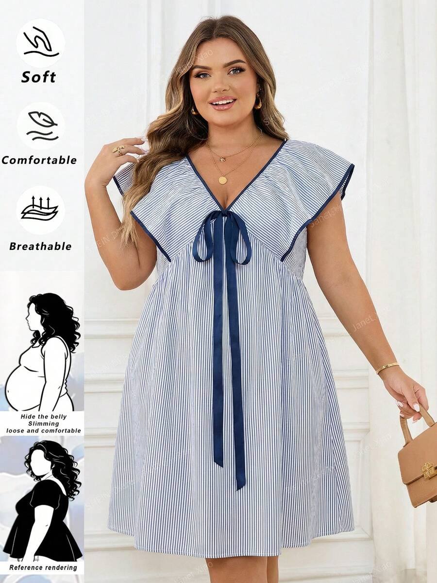 SHEIN CURVE+ Curve 尺码 US22 音乐节、海滨度假、波西米亚风夏季休闲系带条纹荷叶边连衣裙