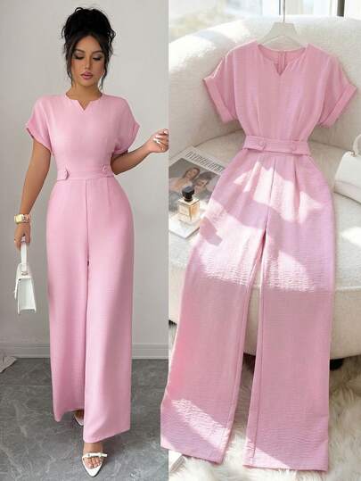 Elenzga Bộ jumpsuit nữ màu hồng cổ chữ V, tay dài, thiết kế thắt eo, cài cúc trang trí, dáng rộng ống thẳng, thanh lịch và tinh tế, thích hợp cho lễ Phục sinh, Ngày động, sinh nhật, hẹn hò, tiệc tùng, các dịp trang trọng, trang phục giáo viên, phong cách năng động, du lịch, mùa xuân/hè.