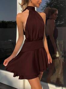 SHEIN EZwear 2026夏季性感露背细肩带系带装饰迷你连衣裙，咖啡棕色 - 咖啡棕 - 查看 3