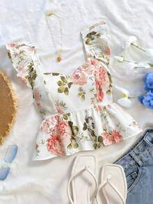 SHEIN Franclia INS休闲度假短袖女式衬衫上衣，夏季可爱碎花女式上衣 - 杏色 - 查看 4