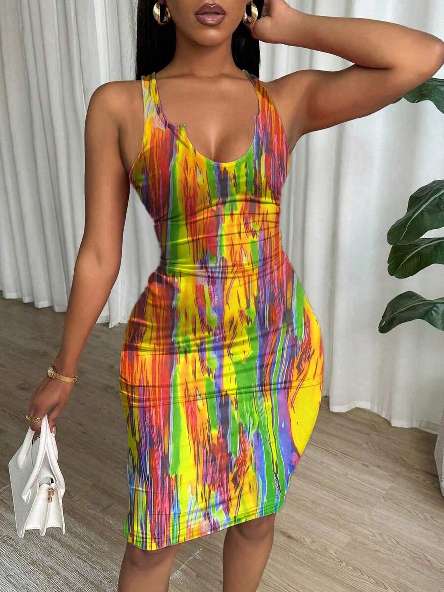 Eryvara Đầm ôm sát không tay xếp ly nhuộm màu tie-dye cho mùa năm mới. - màu xanh lá - Xem 1