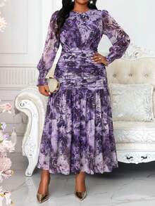SHEIN Lady Plus Size Elegant Floral Print Ruffle Dress,Purple Autumn Wedding Guest Dress For Women,Classy Party Graduation Ceremony Spring Casual Summer Dresses - Purple - View 4