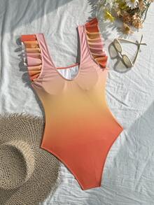 Swim Vcay 女士渐变褶皱连体泳衣，适合度假 - 橘色 - 查看 2