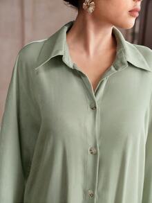 Graceveil 女士优雅纯色前扣喇叭袖连衣裙长裙女式连衣裙女式长款连衣裙女式衬衫裙绿色连衣裙 - 綠色 - 查看 2