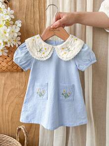 Vintaside Kids Đầm thêu hoa cho bé gái sơ sinh, phong cách đồng quê thanh lịch, đa năng, dễ thương, thích hợp cho mùa xuân/hè, chất liệu mềm mại. - Màu xanh lam - Xem 5