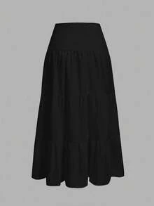 SHEIN MOD Chân váy nữ đơn sắc tối giản phong cách thường ngày - màu đen - Xem 2