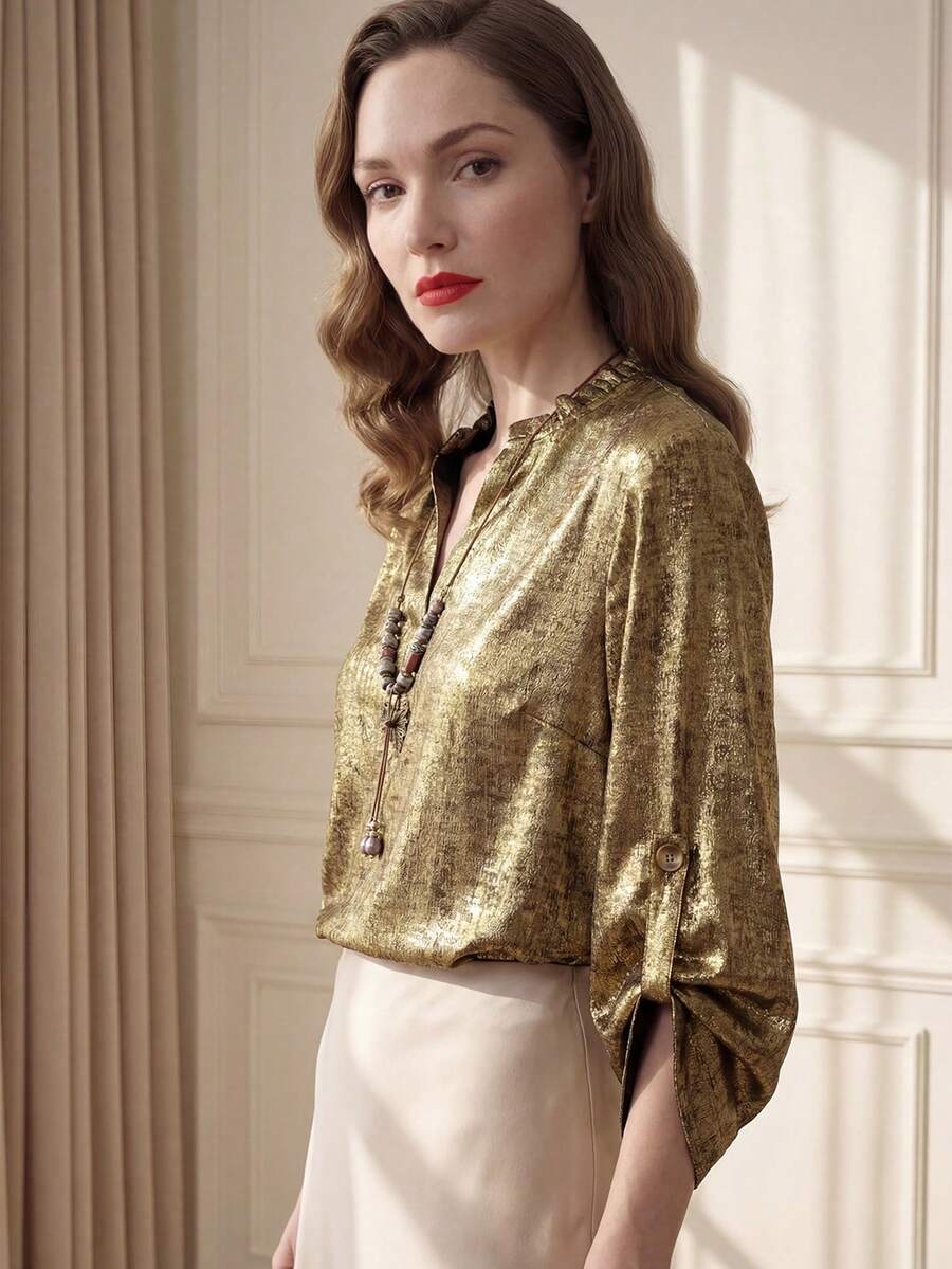 Suri Mira Áo sơ mi nữ dáng rộng tay dài cổ bẻ lửng bằng vải ánh vàng lấp lánh, thích hợp cho mùa xuân/hè. Kiểu dáng đa năng, thanh lịch, thời trang, thoải mái, phù hợp mặc đi làm, hàng ngày, lý tưởng cho mùa xuân, hè, năm mới, Lễ Tạ ơn, lễ tốt nghiệp. - Vàng - Xem 1