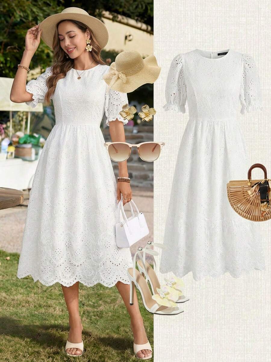 Ellevyn Đầm chữ A thêu họa tiết, cổ tròn, thắt eo, thanh lịch dành cho nữ, thích hợp cho kỳ nghỉ. - Nhiều màu - Xem 1
