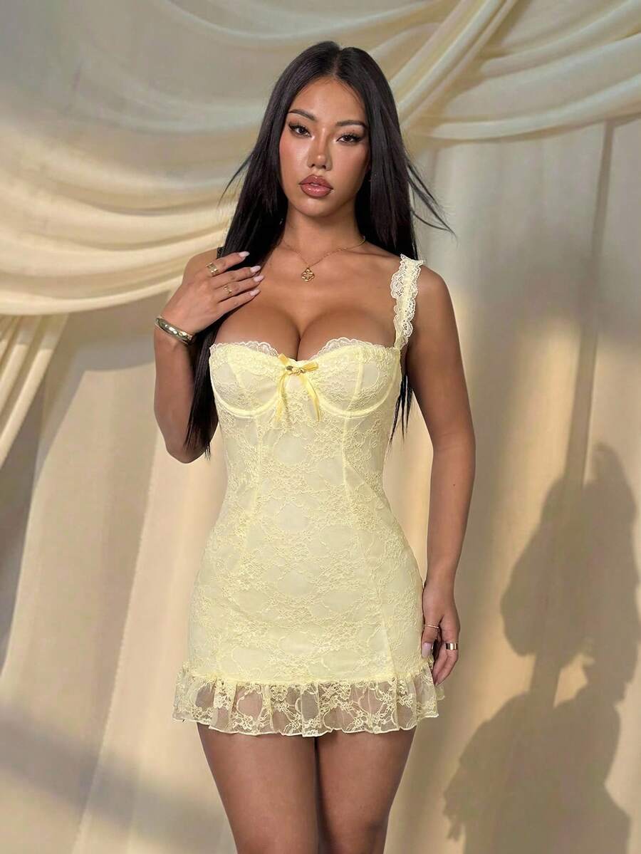 SHEIN PETITE 女款淡黃色夏季甜美夜店花卉蕾絲蝴蝶結裝飾緊身無袖迷你洋裝,優雅高貴派對情人節束腰裙,適合嬌小女性 - 淡黃色 - 查看 1