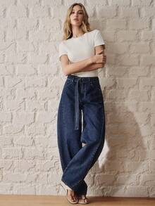 Anewsta Essential Navy Blue Wide Leg Jeans Everyday Summer Casual - Blue - View 3