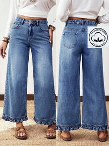 EMERY ROSE Plus Size Women Street Casual Comfortable Mid-Blue Non-Stretch Ruffle Hem Straight Leg Jeans - Medium Wash - View 1