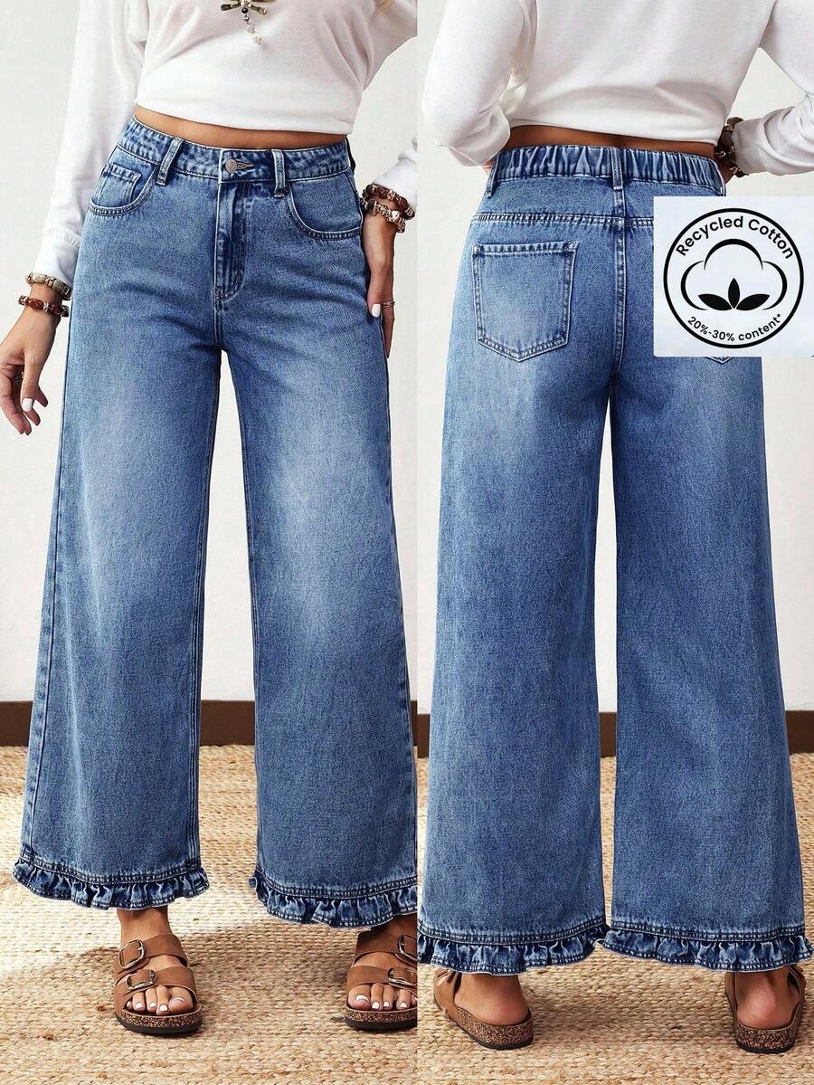 EMERY ROSE Plus Size Women Street Casual Comfortable Mid-Blue Non-Stretch Ruffle Hem Straight Leg Jeans - Medium Wash - View 1
