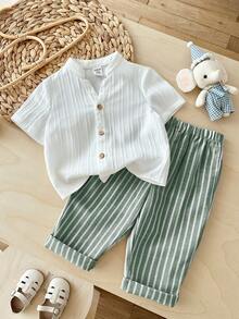 LMoss Kids Bộ 2 món áo sơ mi cổ bẻ màu trơn cho bé trai (áo sơ mi có cổ và quần) - màu xanh lá - Xem 5