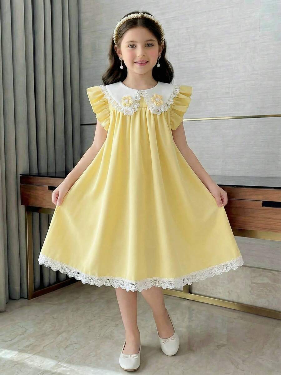 SHEIN Vintaside Kids 女童优雅甜美可爱短袖花卉提花收腰连衣裙，适合度假、假日、派对、夏季穿着 - 黃色 - 查看 1