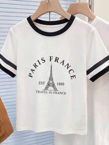 SHEIN Camiseta de cuello redondo para niñas, camiseta de cuello redondo casual cómoda, blanca, camiseta de cuello redondo con estampado de letras de la Torre Eiffel de París en contraste de color para niñas, estilo lindo y dulce, adecuada para uso casual diario - Blanco - Ver 5