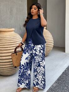 Weeklong Plus Size Summer Casual Sleeveless Ruffled Crop Top And Wide Leg Pants 2 Pieces Set - Navy Blue - View 1