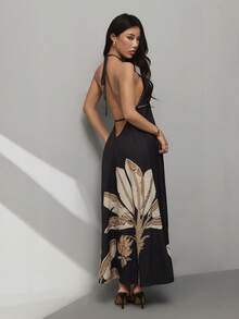 SHEIN PETITE 女士波西米亚风香蕉树印花露腰露背无袖黑色连衣裙，假日休闲夏季连衣裙 - 黑色 - 查看 8