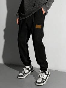 SHEIN Leap Crew 青少年男孩 1 件休闲百搭时尚街头风格修身贴袋夹缝编织标记设计运动裤返校服装；秋季服装；青少年男孩服装；儿童夹克 - 黑色 - 查看 6