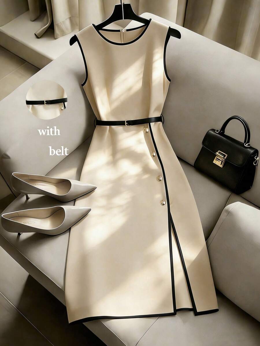 Franclia Casual Versatile Minimalist Round Neck Black Trim Belt Apricot Color Sleeveless Dress, Spring/Summer - Khaki - View 1