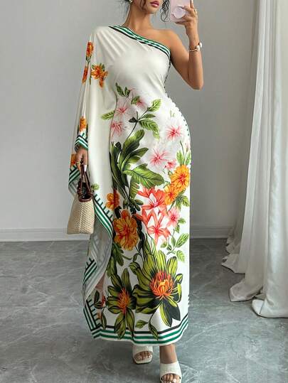 Rafferiza 时尚休闲单肩不对称领口收腰蝙蝠袖印花连衣裙，沙滩裙，春夏优雅连衣裙