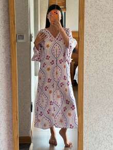 DAZY Floral Print V-Neck Loose Long Dress, Women Summer Sleepwear - White - View 7