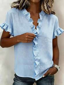 Women's Casual Cotton Blue Ruffle Shirt, Summer Daily Commute & Vacation Top - Blue - View 4