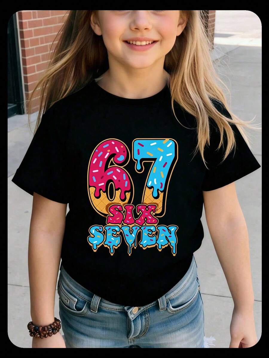 Girls Casual Colorful Sprinkle Digit 67 Letter Graphic Print Basic Short Sleeve T-Shirt, Comfortable Cozy Summer & Fall Styles For Girls Daily Wear - Black - View 1