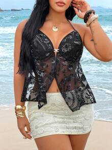 Rustia Camiseta sin tirantes con lentejuelas brillantes de talla grande, top sin espalda elegante de estilo callejero con lentejuelas metálicas y hebilla en forma de A - Negro - Ver 4