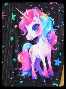 SHEIN 小女孩独角兽和星星夜光图案连帽长袖夹克，秋冬时尚休闲运动服独角兽夹克女童夹克 - 彩色 - 查看 5