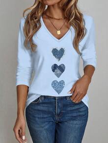 EMERY ROSE Maglietta larga a maniche lunghe con scollo a V per donne taglie forti - celeste - Visualizzare 5