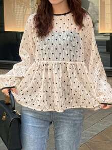 FRIFUL 女士纯白色薄纱波点纹理宽松休闲衬衫，带系带领口蝴蝶结 - 米色 - 查看 2