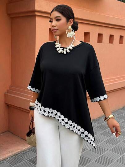 Weeklong Plus Size Women's Summer Casual Loose Fit Asymmetric Hem White Floral Trim Short Sleeve Blouse, Suitable For Work And Vacation