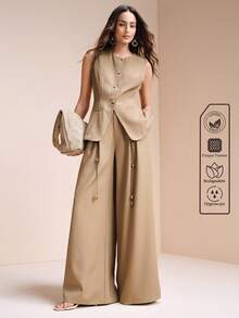 Aveloria Modichic 女士亚麻修身马甲阔腿裤套装，单排扣金属纽扣无袖V领马甲搭配高腰抽绳阔腿裤，饰有串珠口袋，商务休闲都市通勤优雅女士套装，适合女性工作、办公室着装、休闲套装、搭配单品，休闲优雅女士工作服，适合办公室工作，女士职业装，女士两件套。 - 咖啡棕 - 查看 6