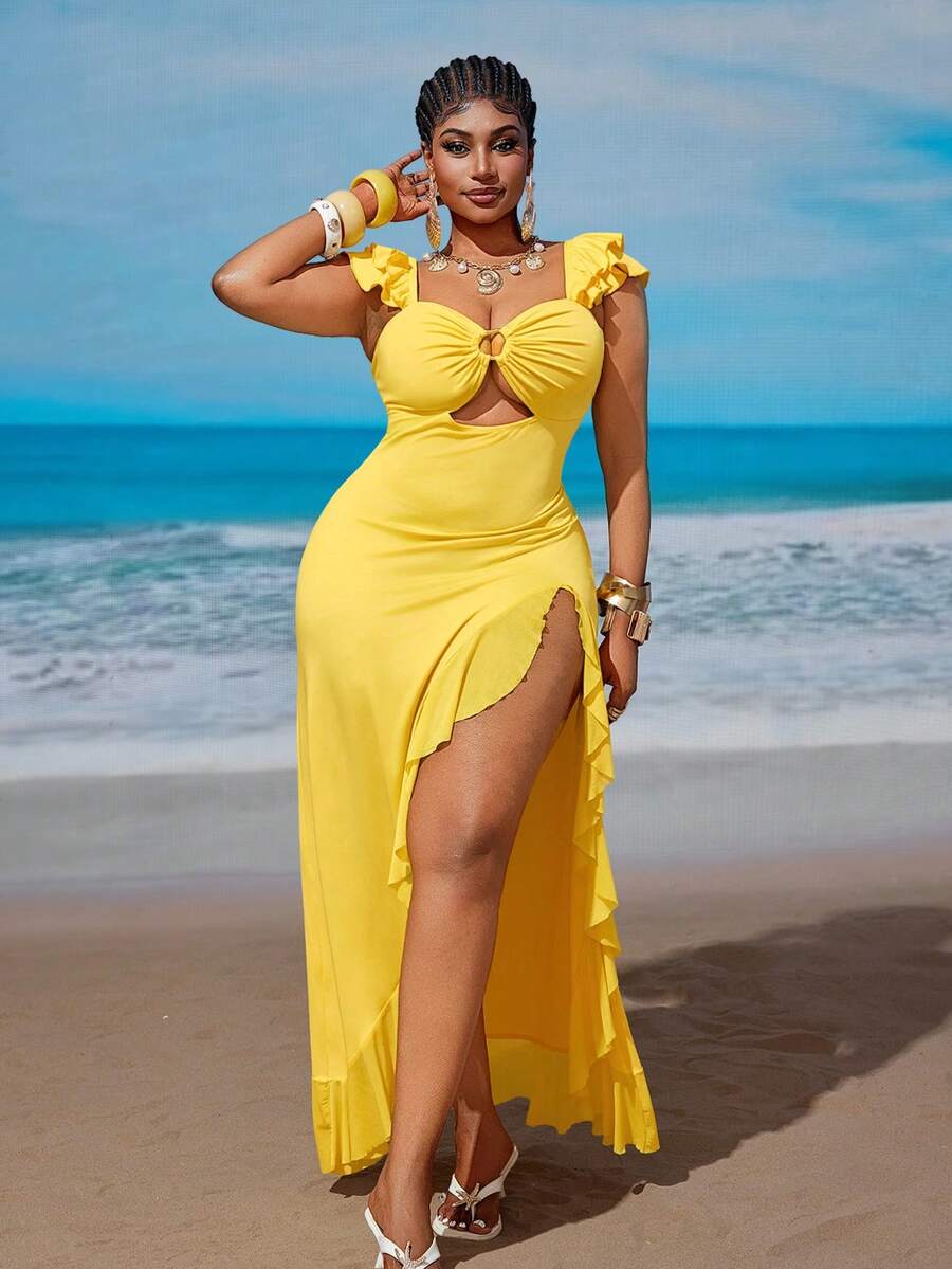 Maweii 大码性感沙滩度假风无肩带镂空不对称开衩修身连衣裙 - 黃色 - 查看 1