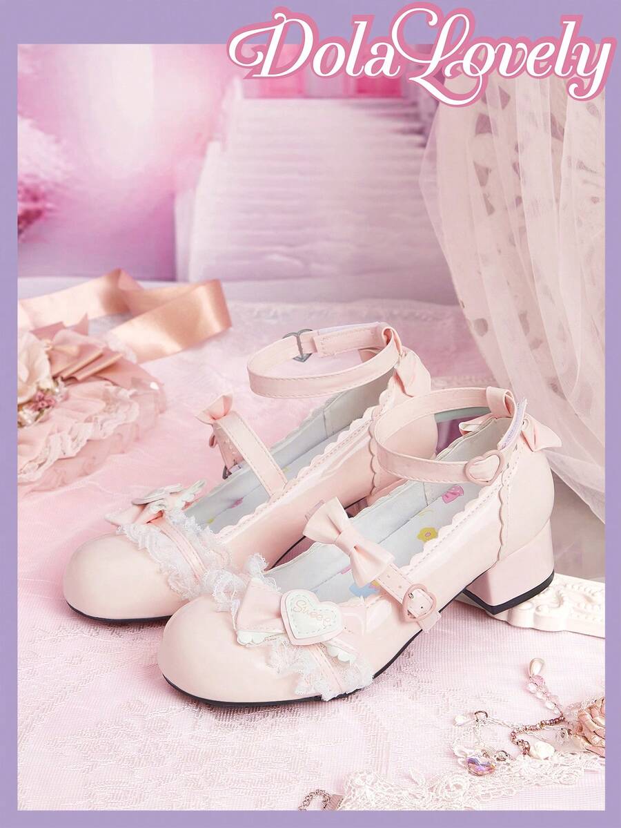 Dola Lovely Giày nữ màu hồng dễ thương, mũi tròn, kiểu Mary Jane, cao gót, buộc dây và trang trí nơ, thích hợp cho tiệc sinh nhật, phong cách JK, Lolita. - nơ bướm lớn màu hồng - Xem 1