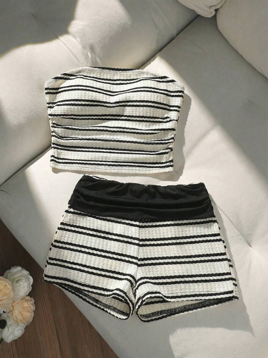 SHEIN 青少年女孩休閒條紋短版上衣與短褲套裝,兩件式夏季套裝,黑白配色,適合夏天、休閒、健身房穿著 - 咖啡棕 - 查看 1