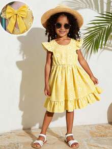 SHEIN Elladie kids 少女优雅格子碎花圆领喇叭袖露背蝴蝶结腰部荷叶边下摆休闲连衣裙，适合日常穿着、度假、乡村风格 - 黃色 - 查看 3