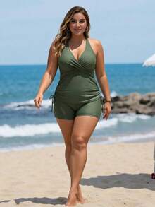 Swim Lushoire Women's Plus Size One-Piece Swimwear Halter V-Neck Tummy Control Ruched Bathing Suits,Olive Green Comfy Summer Beach Holiday Shorts Bottom Swimsuit - Army Green - View 3