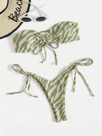 SHEIN Swim Conjunto de bikini estampado para vacaciones en la playa de mujer, estampado aleatorio
