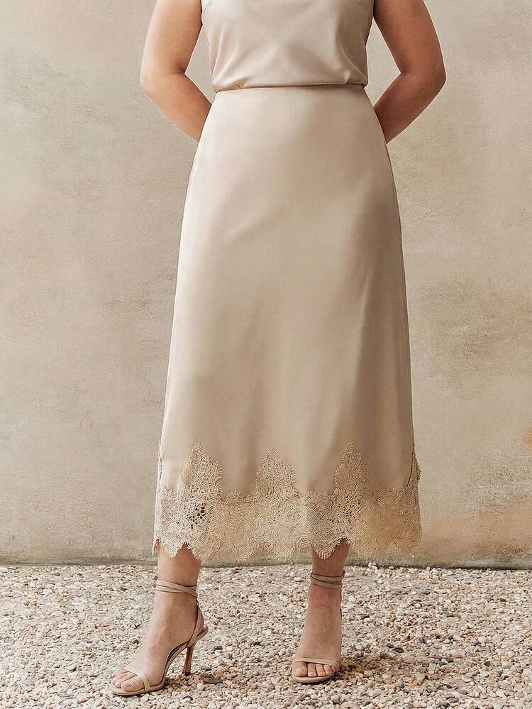 Spring & Summer Plus Size Women's Elegant Casual Lace Trim Satin Skirt, Minimalist Versatile Office Commute Skirt