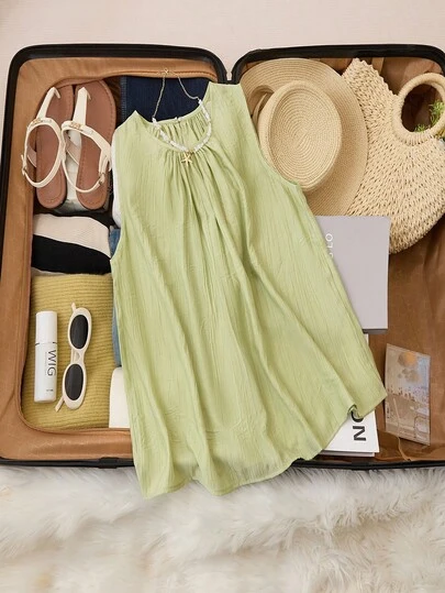 Trelyra 假日休闲时尚圆领无袖宽松绿色女式夏季衬衫