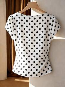 GlowEve CURVE 优雅圆领缎面波点短袖衬衫，大码女装，春夏款 - 白色 - 查看 2