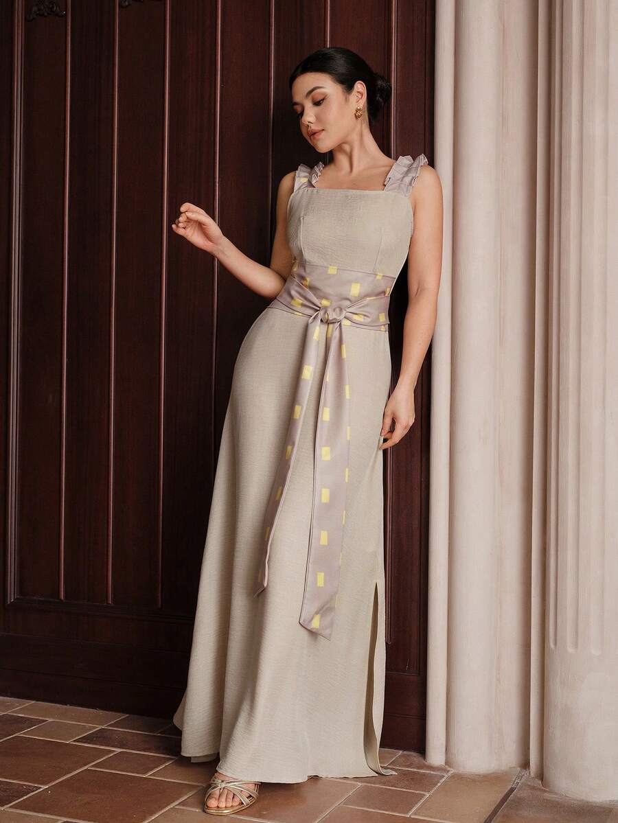 Modelyn Vestido Longo Feminino com Estampa Geométrica e Cintura Torcida, Vestido Formal Feminino para Recepção, Vestido de Ocasião para Senhoras, Vestido de Renda Elegante Yisikado, Vestido para Mulher, Vestido para Jantar de Ensaio da Noiva, Vestido de Verão Azul Claro - Damasco - Visão 1