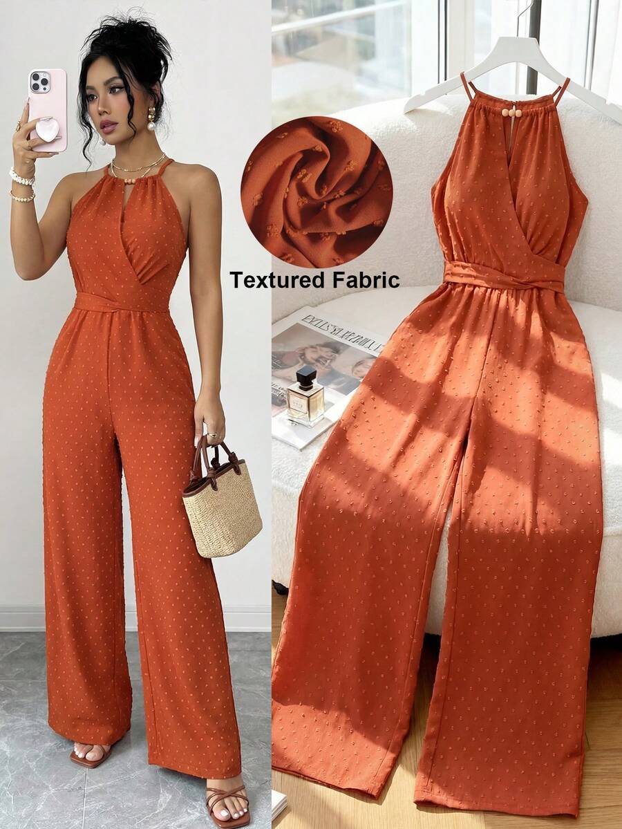 Franclia Bộ jumpsuit nữ kiểu dáng cổ điển thanh lịch, cổ yếm, thắt chéo eo, ống rộng, thích hợp cho buổi hẹn hò ngày Valentine, kỳ nghỉ hè, tụ họp bạn bè hoặc đi làm hàng ngày. - trái cam - Xem 1
