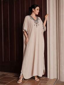 Graceveil Đầm nữ cổ chữ V dáng rộng thanh lịch xẻ tà cho mùa hè - Màu be - Xem 6