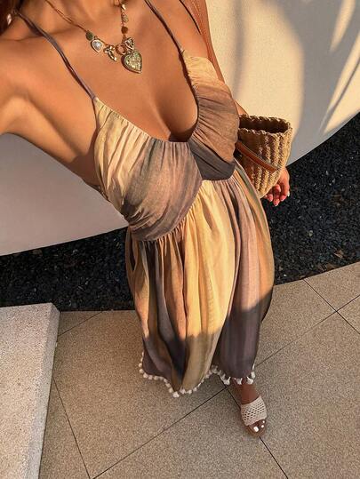 DAZY 女士条纹宽松吊带连衣裙，A字裙摆，优雅度假风